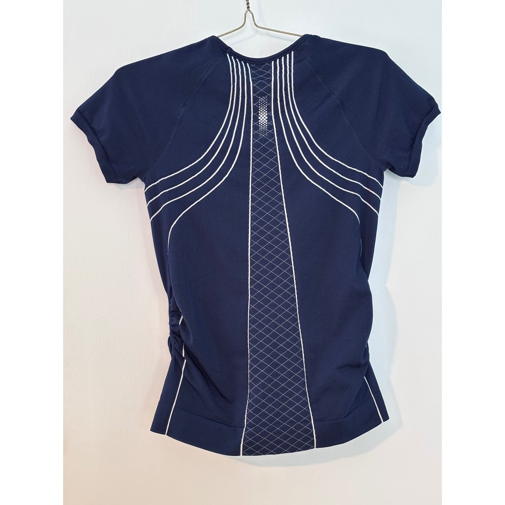 Athleta Navy Blue Short Sleeve Ruched Performance Workout Top 591287-00-2 Size L - Picture 3 of 6